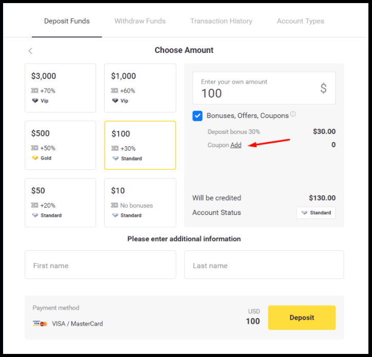 Tiền thưởng Binomo khi gửi tiền - Lên tới 70%