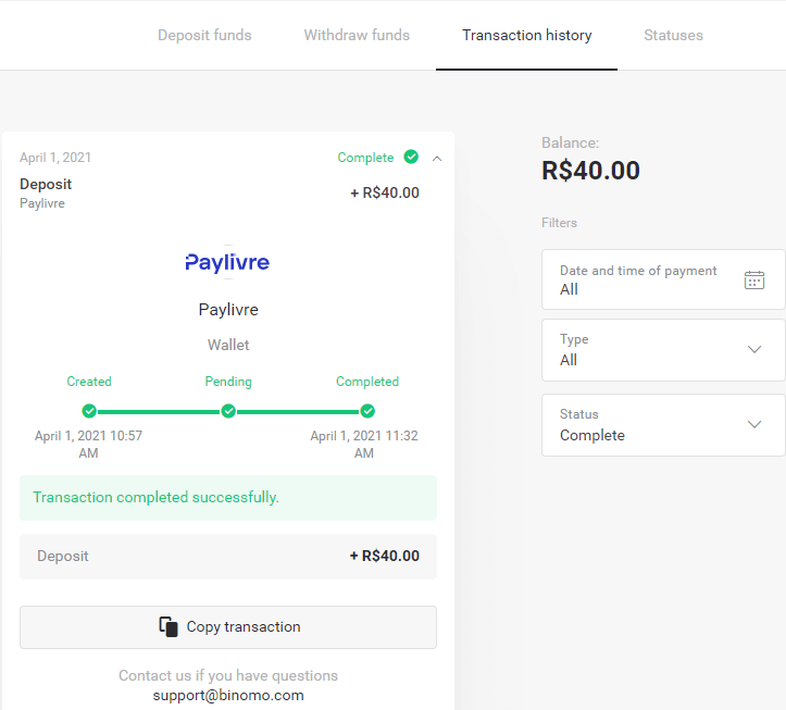 Deposite fundos no Binomo via Internet Banking Brasil (Banco Transer, Paylivre, Loterica, Itau, Boleto Rápido) e carteiras eletrônicas (Picpay, Astropay, Banco do Brasil, Santander, Bradesco, Neteller, Skrill, WebMoney, Advcash)