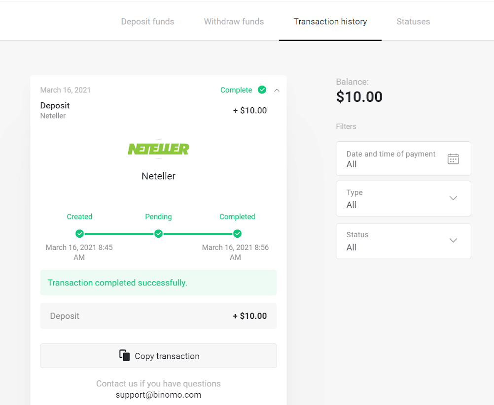 Внесите средства на Binomo через электронные кошельки (Webmoney WMZ, Picpay, Neteller, Astropay, Cash U, Skrill, ADV Cash, AstroPay Card, Perfect Money)