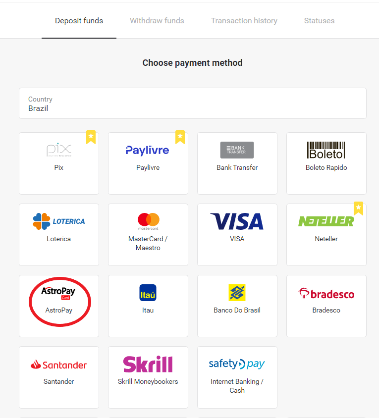 Внесите средства на Binomo через электронные кошельки (Webmoney WMZ, Picpay, Neteller, Astropay, Cash U, Skrill, ADV Cash, AstroPay Card, Perfect Money)