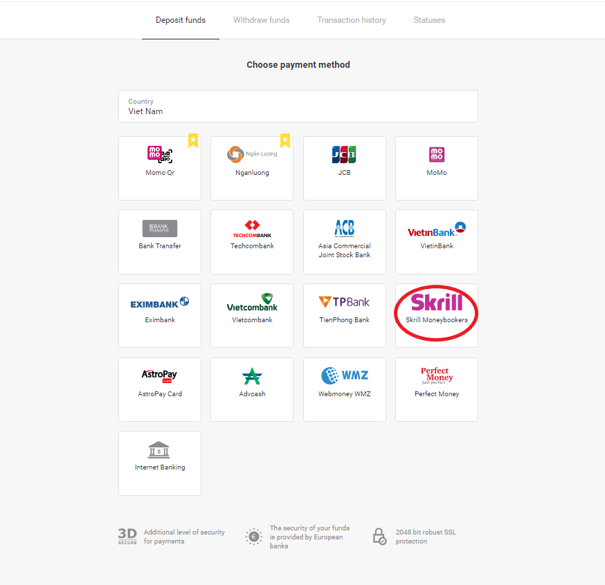 Внесите средства на Binomo через электронные кошельки (Webmoney WMZ, Picpay, Neteller, Astropay, Cash U, Skrill, ADV Cash, AstroPay Card, Perfect Money)