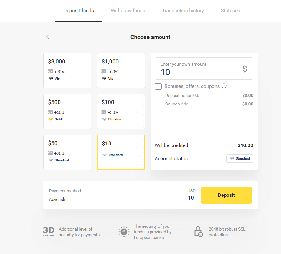 Внесите средства на Binomo через электронные кошельки (Webmoney WMZ, Picpay, Neteller, Astropay, Cash U, Skrill, ADV Cash, AstroPay Card, Perfect Money)