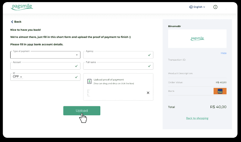 Внесите средства посредством банковского перевода (Itau, PicPay, Loterica, Boleto Rapido, Paylivre, Pagsmile, Bradesco, Santander) на Binomo