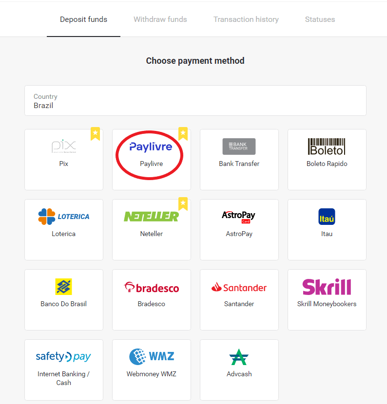 Внесите средства посредством банковского перевода (Itau, PicPay, Loterica, Boleto Rapido, Paylivre, Pagsmile, Bradesco, Santander) на Binomo
