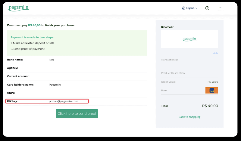 Внесите средства посредством банковского перевода (Itau, PicPay, Loterica, Boleto Rapido, Paylivre, Pagsmile, Bradesco, Santander) на Binomo