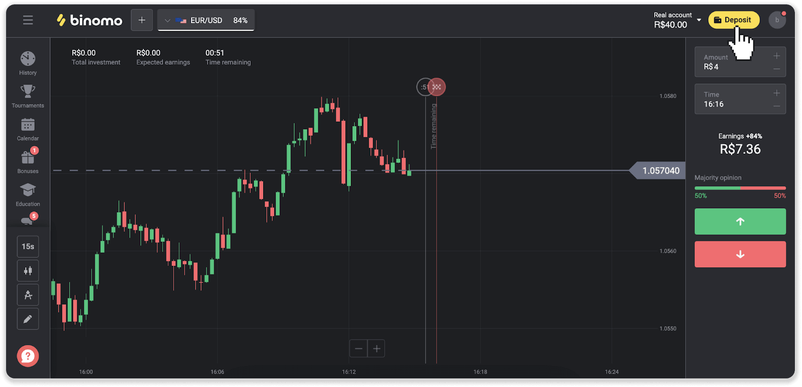 Внесите средства посредством банковского перевода (Itau, PicPay, Loterica, Boleto Rapido, Paylivre, Pagsmile, Bradesco, Santander) на Binomo