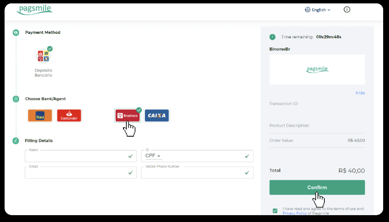 Внесите средства посредством банковского перевода (Itau, PicPay, Loterica, Boleto Rapido, Paylivre, Pagsmile, Bradesco, Santander) на Binomo