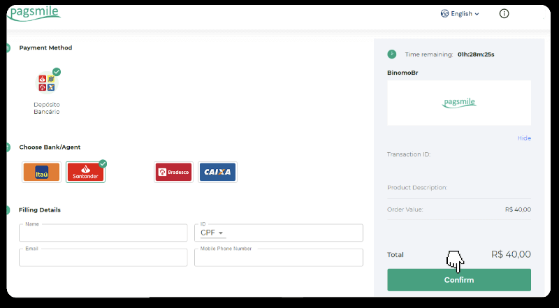 Внесите средства посредством банковского перевода (Itau, PicPay, Loterica, Boleto Rapido, Paylivre, Pagsmile, Bradesco, Santander) на Binomo