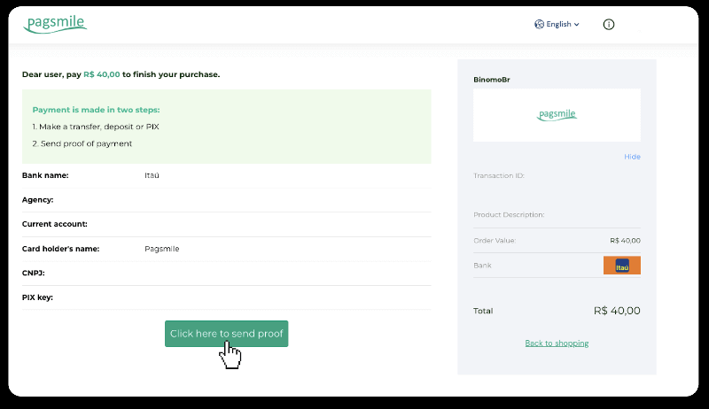 Внесите средства посредством банковского перевода (Itau, PicPay, Loterica, Boleto Rapido, Paylivre, Pagsmile, Bradesco, Santander) на Binomo