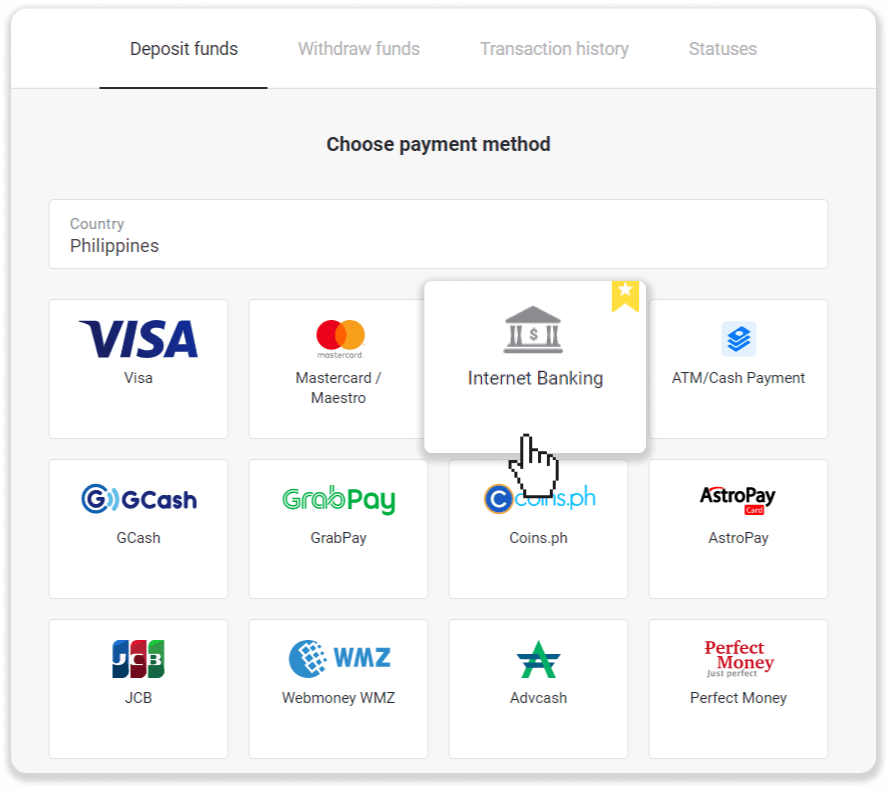 Deposit Funds in Binomo via Philippines Bank Cards (Visa / MasterCard / JCB), Bank Transfer (BDO Internet Banking) and E-wallets (GCash, GrabPay, Paymaya, Coins.ph, AstroPay, Webmoney WMZ, Advcash, Perfect Money)