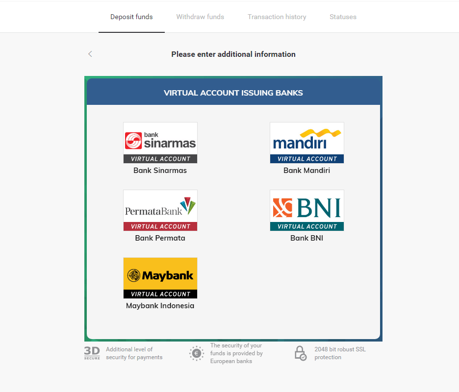 通过印度尼西亚银行转账（虚拟账户、虚拟账户银行 Mandiri、网上银行）在 Binomo 中存入资金