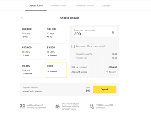 Hvernig á að skrá þig inn og leggja inn fé í Binomo