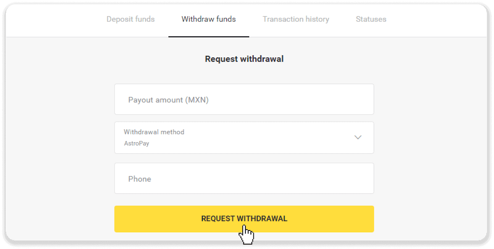 Как вывести средства из Binomo на мой электронный кошелек (Payfix, Webmoney WMZ, Tpaga, Perfect Money, ADV Cash, PayTM, Globe Pay, AstroPay, Jeton Wallet) Как вывести средства из Binomo на мой электронный кошелек (Payfix, Webmoney WMZ, Tpaga, Perfect Money, ADV Cash, PayTM, Globe Pay, AstroPay, Jeton Wallet)